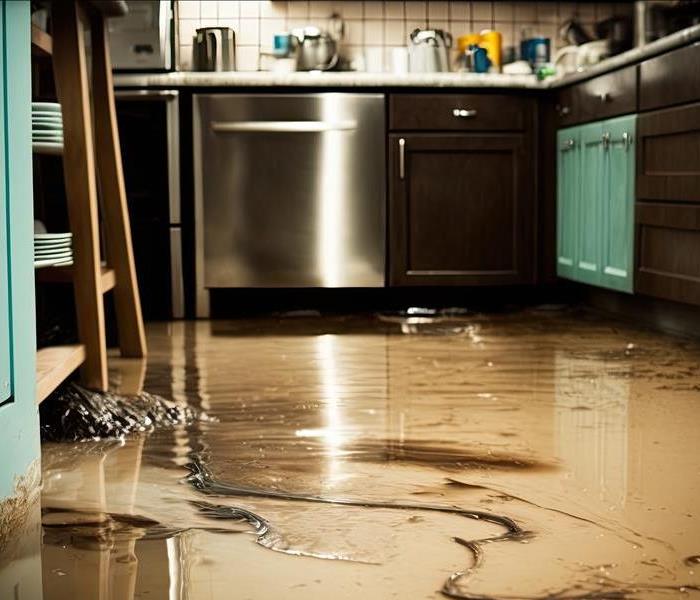 Flooded kitchen floor, water leaking. Closeup view of a waterlogged kitchen floor.